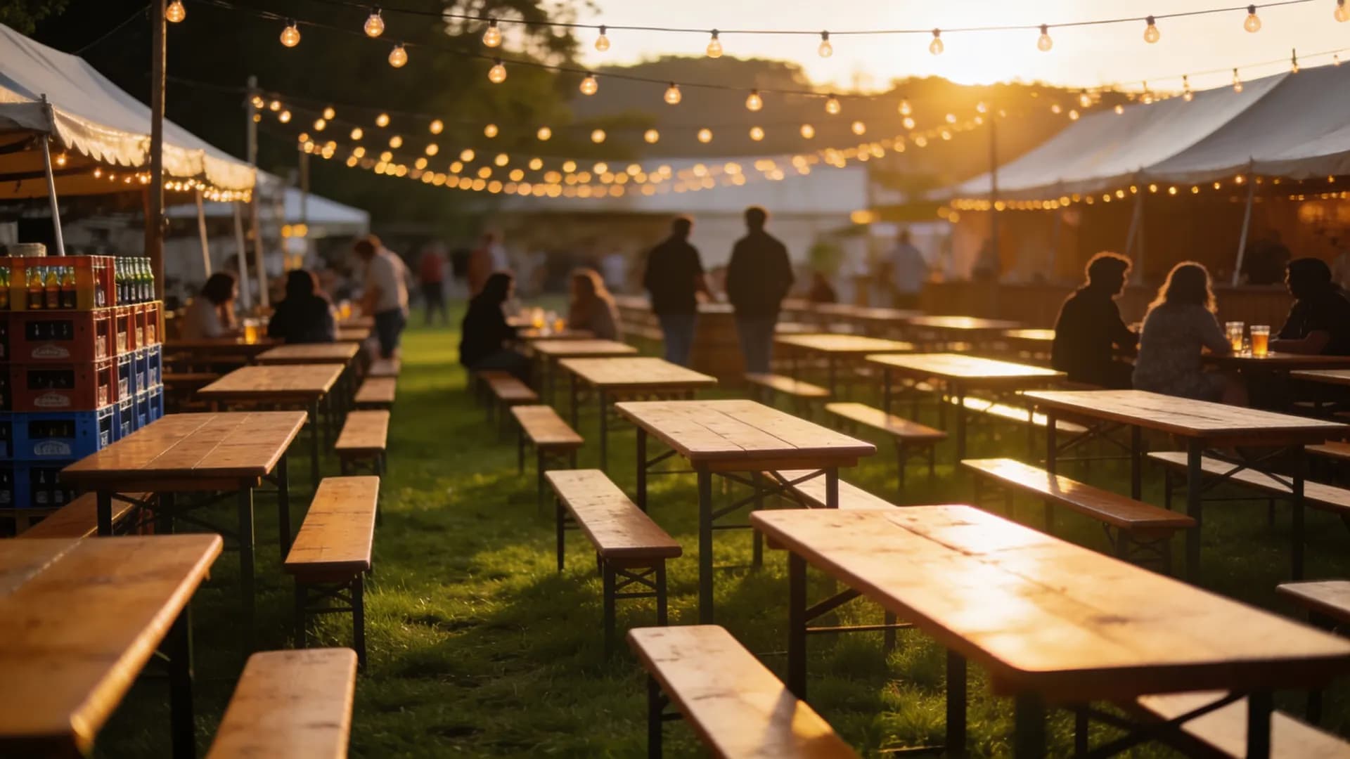 Bierzeltgarnituren und Lichterketten bei Sonnenuntergang auf einem Fest