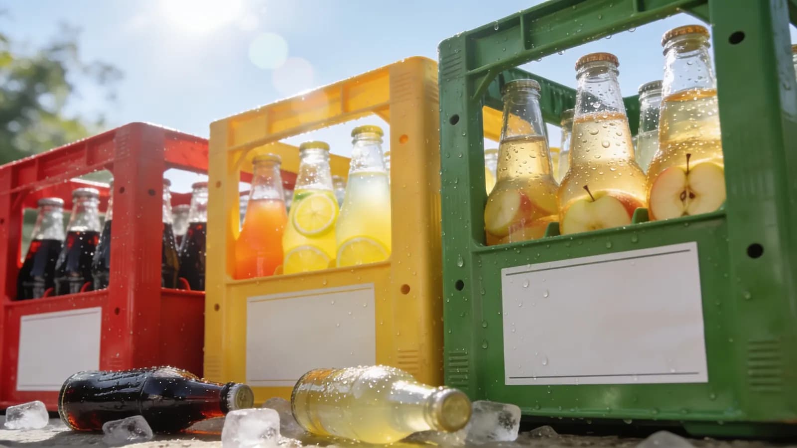 Rote, gelbe und grüne Kisten mit Cola, Limonade und Apfelschorle auf Eis