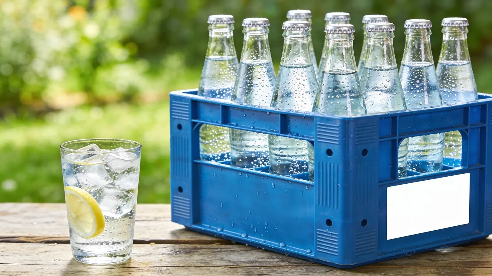 Blaue Kiste mit Mineralwasser in Glasflaschen und ein Glas Wasser mit Zitrone